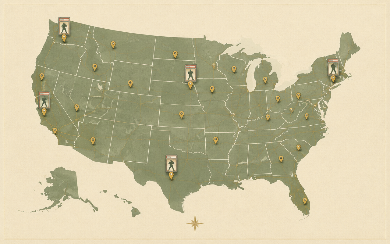 Illustrated map with pins marking local card shops